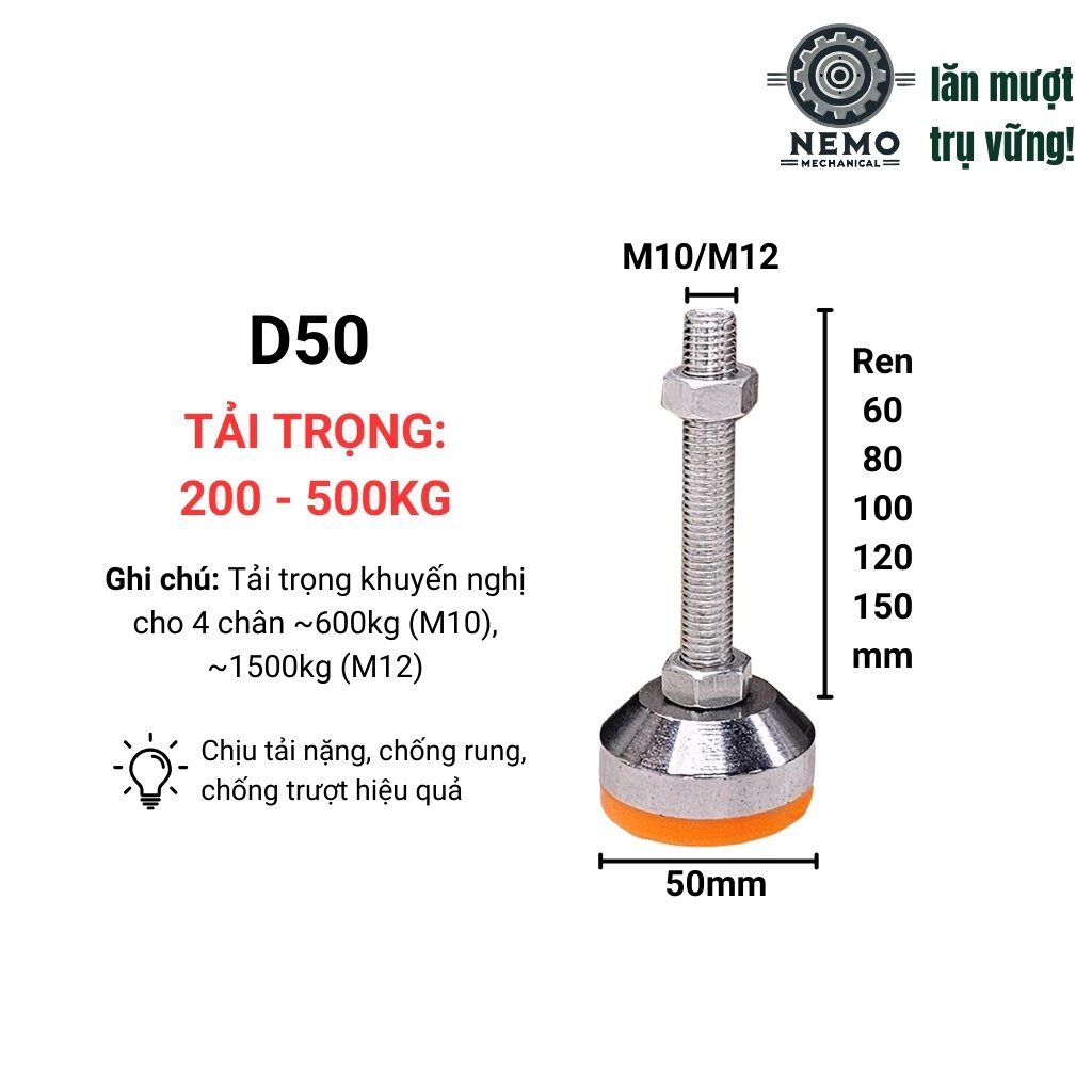 Chân tăng chỉnh chịu lực, D40-D60, M10-M12, tải trọng 200-500kg, đệm nhựa PVC